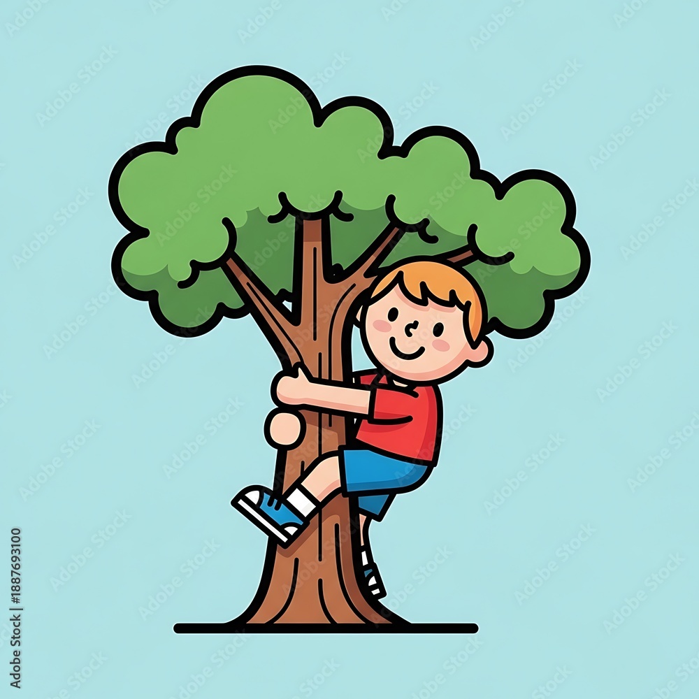 Fototapeta premium Young Boy Hugging a Tree Illustration.