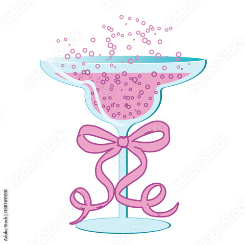Pink sparkling cocktail in a margarita glass vector flat illustration. Women's party bachelorette drink tied with a bow and ribbons. Whimsical drink with bubbles. Playful cabaret style event.