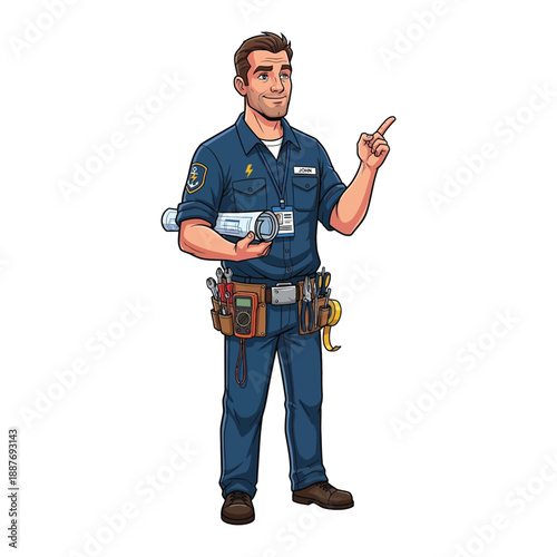 Illustration of a repairman pointing while holding tools in uniform