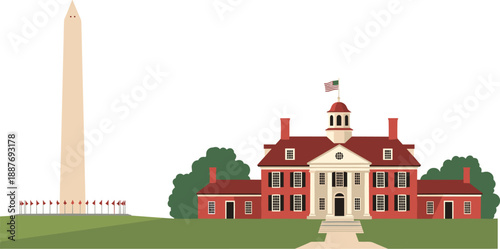 Washington monument and building illustration with flags and trees vector art