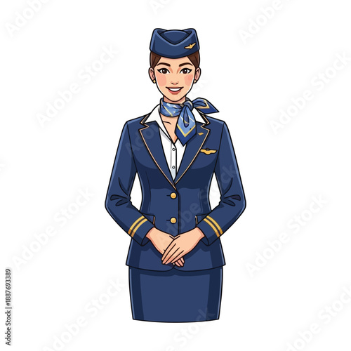 Illustration of a friendly flight attendant in a blue uniform standing against a white background