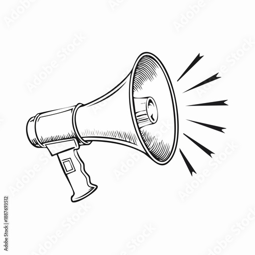 Hand-drawn vintage style megaphone illustration with sound waves.