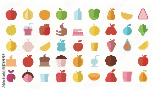 Colorful food and fruit emoji flat vector icons set with drinks desserts and vegetables