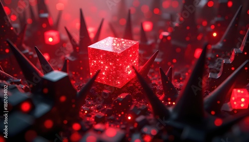 Abstract Technological Explosion With Red Glowing Cubes