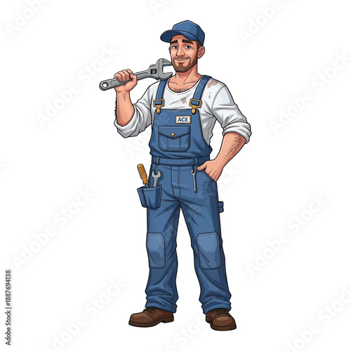 Illustration of a confident male worker holding a large wrench in a cartoon style with a bold and industrial mood.