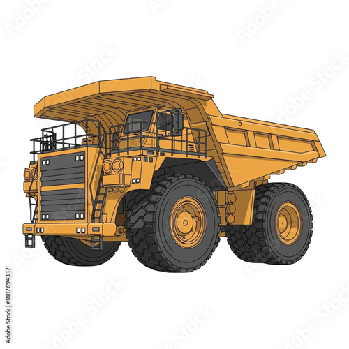 A large yellow mining dump truck with a white background.