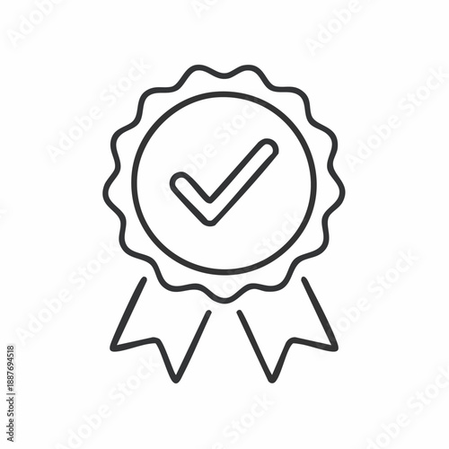 Line art icon of a quality guarantee badge with a checkmark symbol and ribbons, representing approval or certification.