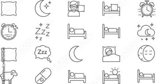 Set of Sleep and Wellness Line Icons Featuring Pillows Moon and Stars Sleeping Persons Alarm Clocks Sheep and Bed Symbols for Health and Rest Graphic Designs
