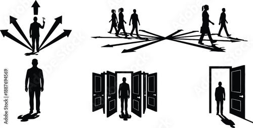 Silhouettes of people making decisions with multiple arrows and open doors