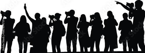Silhouette of a group of photographers with cameras capturing moments isolated on white background for media and event concepts