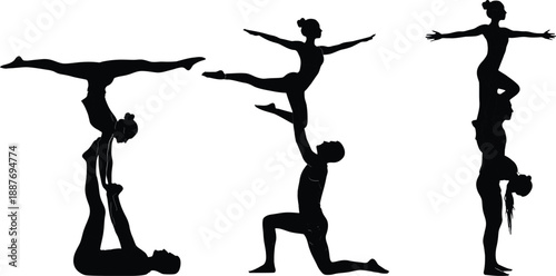 Silhouette set of acrobatic yoga poses partner balancing and teamwork concept isolated on white background