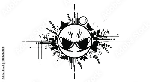 Stylized graphic design featuring coffee cups with sunglasses and floral elements