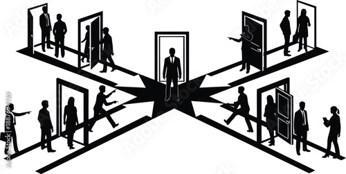 Business people choosing different paths and doors representing career choices and opportunities conceptual vector illustration