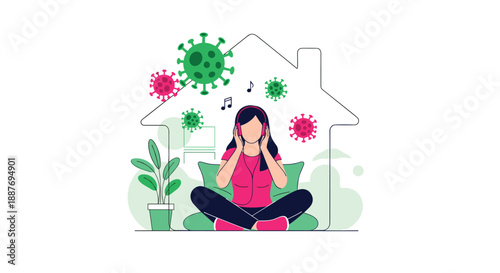 Woman sitting in a meditative pose at home wearing headphones and listening to music during a pandemic lockdown period.