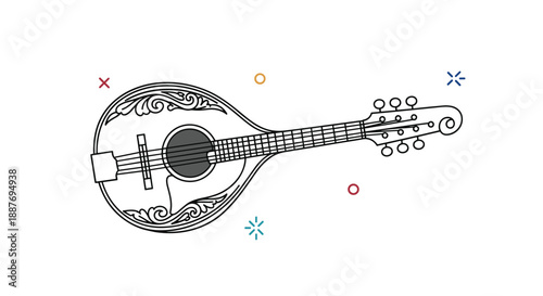 Elegant line drawing of a mandolin musical instrument featuring intricate scrollwork patterns and colorful decorative star shapes.