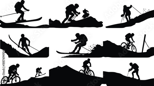 Collection of silhouette icons depicting winter sports and mountain biking representing outdoor adventure and extreme sports for graphic design