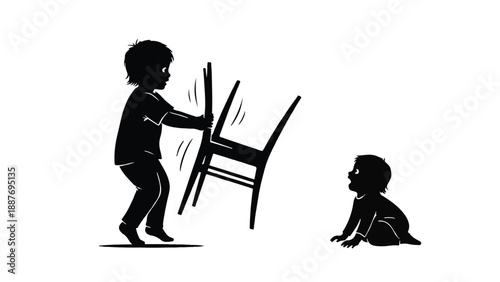 Child plays with a chair, another child watches