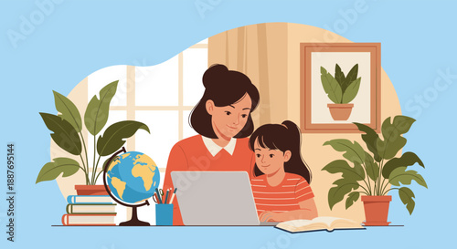 Mother sitting with her daughter at a desk while they study together using a laptop with books and a globe nearby.