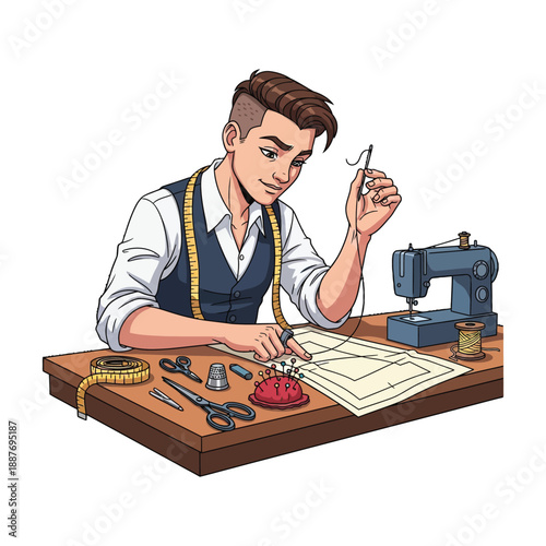 Cartoon illustration of a male tailor measuring and cutting fabric with sewing tools and a machine on a wooden worktable.