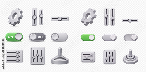 Set of 3D user interface elements including settings gear, sliders, toggles, and joysticks for web and app design.