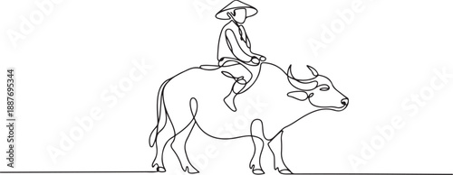 Traditional Farmer Riding a Water Buffalo — Minimalist Line Art Illustration. one line Art icon drawing vector