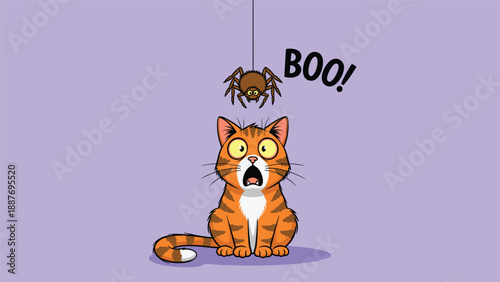Comical orange tabby cat with a wide-eyed expression of shock looking at a small spider hanging above its head.