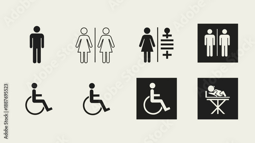 Collection of restroom and accessibility signs.