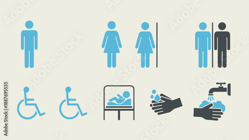 Restroom Signage Icons Including Accessibility and Hygiene.