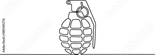 continuous line drawing of a hand grenade. The simple black line art depicts a military weapon, one line Art icon drawing vector