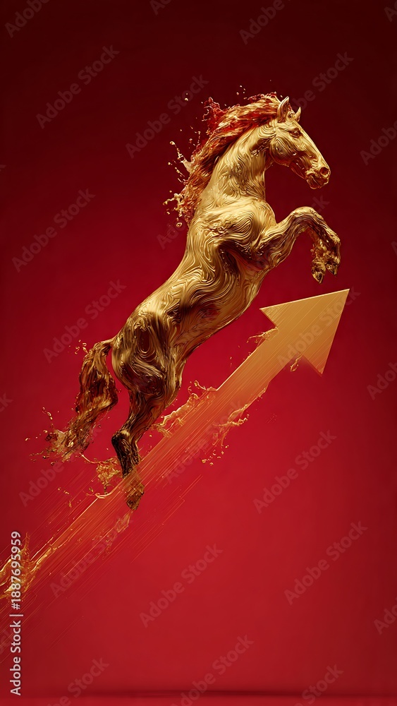 Fototapeta premium Golden Horse Breaking Through Digital Wall Symbolizing Startup Disruption and Market Entry 2026 Vertical Poster