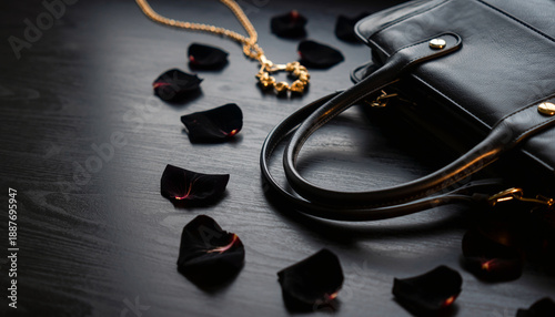 Elegant black handbag adorned with a delicate gold necklace surrounded by scattered black rose petals on a dark wooden surface, creating a sophisticated and romantic aesthetic