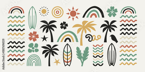 Boho summer elements rainbows surfboards palm trees and floral designs illustration