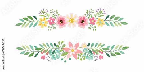 Watercolor floral arrangement with delicate leaves and blossoming pink and yellow flowers