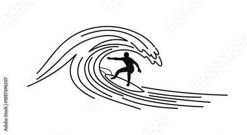 Black silhouette of a skilled surfer riding a massive curling ocean wave in a minimal line art style illustration.