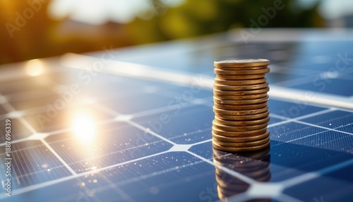Stacked coins on solar panels reflecting sunlight in a sustainable energy concept