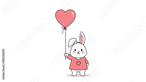 Sweet white rabbit wearing a pink shirt and holding a large pink heart shaped balloon on a clean white background.