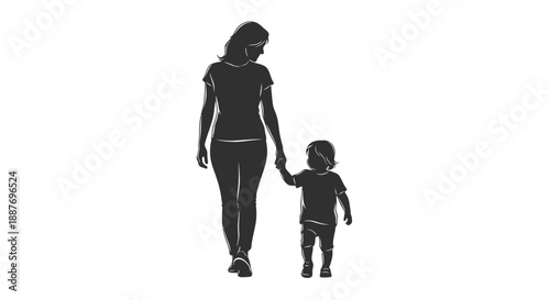 Mother and Child Silhouette Walking Together Holding Hands.