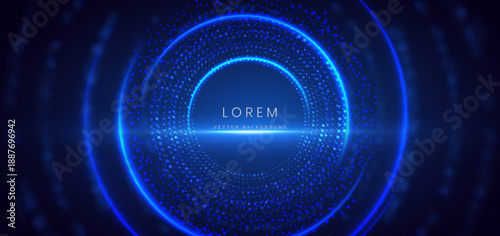 Dotted frame blue bokeh lighting on dark background. Technology innovation digital network concept.