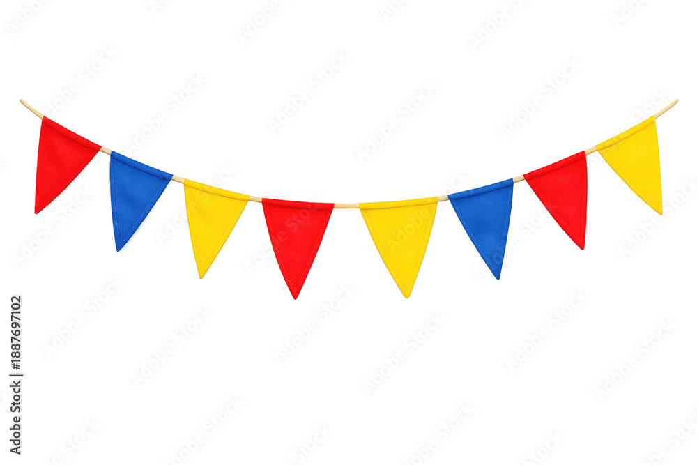 Obraz premium Colorful party bunting stringing red, yellow, and blue triangular flags, creating a festive holiday decoration on transparent background