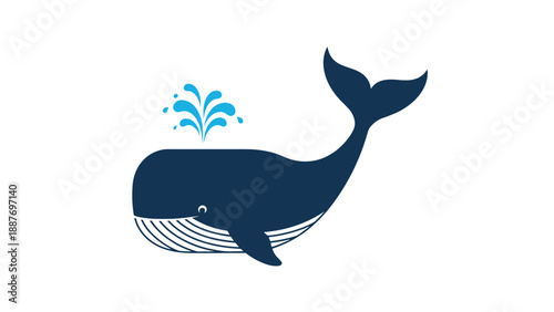 Massive blue whale swimming gracefully and spouting water from its blowhole in a clean graphic design style on white.