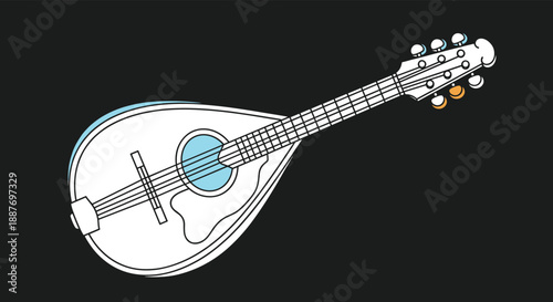 Classic stringed musical instrument like a mandolin or lute shown in a simple line art style on a black background.