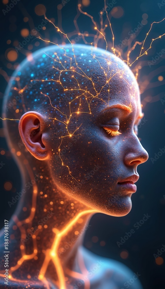 Fototapeta premium Human head with glowing orange neural network. Brain activity, connection, thought process. Sci fi concept art, abstract science background. Futuristic network.