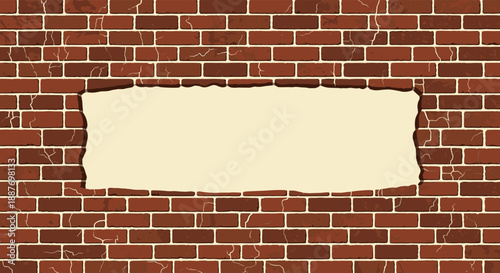 Background illustration of a weathered red brick wall with a large jagged hole in the center providing ample copy space.