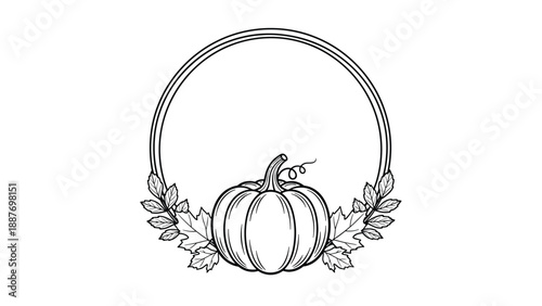 Autumnal line art frame featuring a detailed pumpkin at the base surrounded by falling leaves in a circular border.