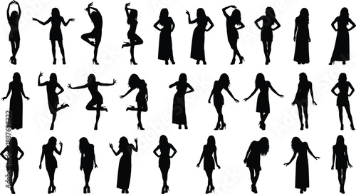 A large collection of black silhouettes featuring beautiful women in various fashion poses, elegant dresses, and stylish outfits for commercial design and advertising