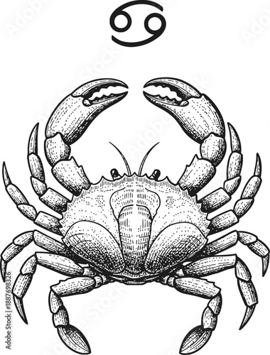 Cancer zodiac sign illustration detailed hand drawn crab symbol with claws, astrology and horoscope element
