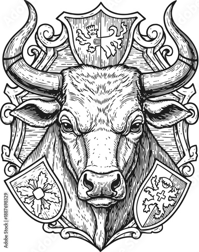 Intricate bull head emblem with ornate shields and decorative heraldic design
