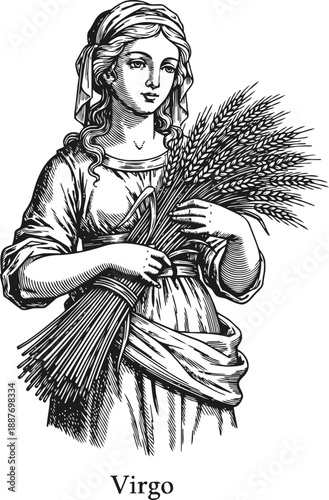 Virgo zodiac sign woman holding wheat sheaf in traditional dress, vintage astrological illustration