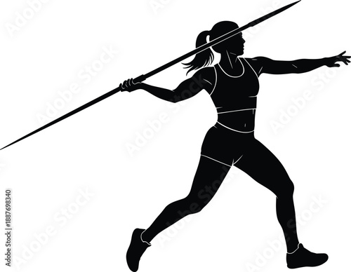 Black silhouette of a female athlete in mid-motion throwing a javelin spear, track and field sports competition, powerful olympic games action