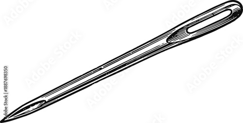 Classic sewing needle illustrated in black and white with a sharp point and elongated eye